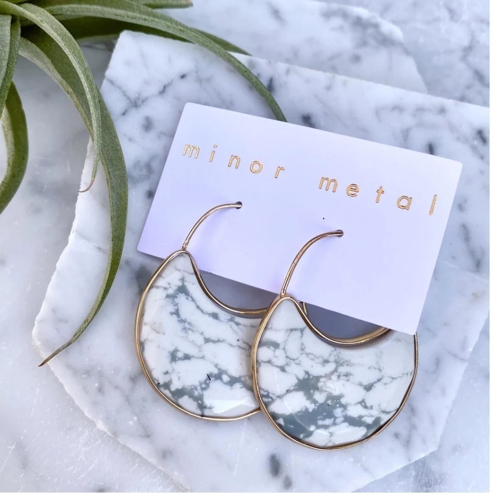 White Howlite Round Hoop Marble and gold Earrings Hoops by Minor Metal. - Picture 1 of 8